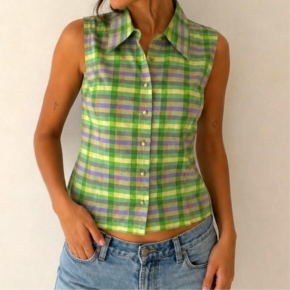 Ice Tops - Vintage Y2K 100% Silk Plaid Sleeveless Button-Up Blouse Green Lavender Size M